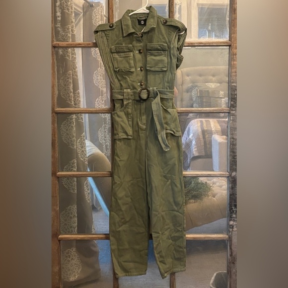 Boohoo Contrast Stitch Utility Khaki Denim Jumpsuit - Size US 4 - Picture 1 of 5